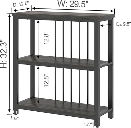 FOLUBAN 3 Tier Book Shelf, Modern Short Bookshelf for Small Space, Industrial Wood and Metal Bookcase for Bedroom, Living Room, Office (Dark Gray Oak)