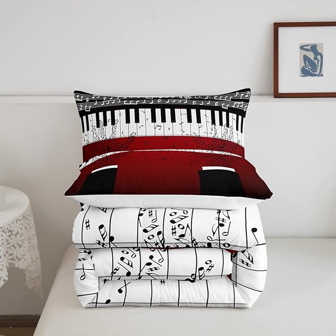 Erosebridal Music Notes Comforter Set for Kids Boys Teens Men Piano Keys Down Comforter Queen Size Rock Musical Bedding Set Play Piano Duvet Sets Music Bedroom decor with 2 Pillow Cases Red Black