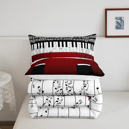 Erosebridal Music Notes Comforter Set for Kids Boys Teens Men Piano Keys Down Comforter Twin Size Rock Musical Bedding Set Play Piano Duvet Sets Music Bedroom decor with 1 Pillow Case Red Black