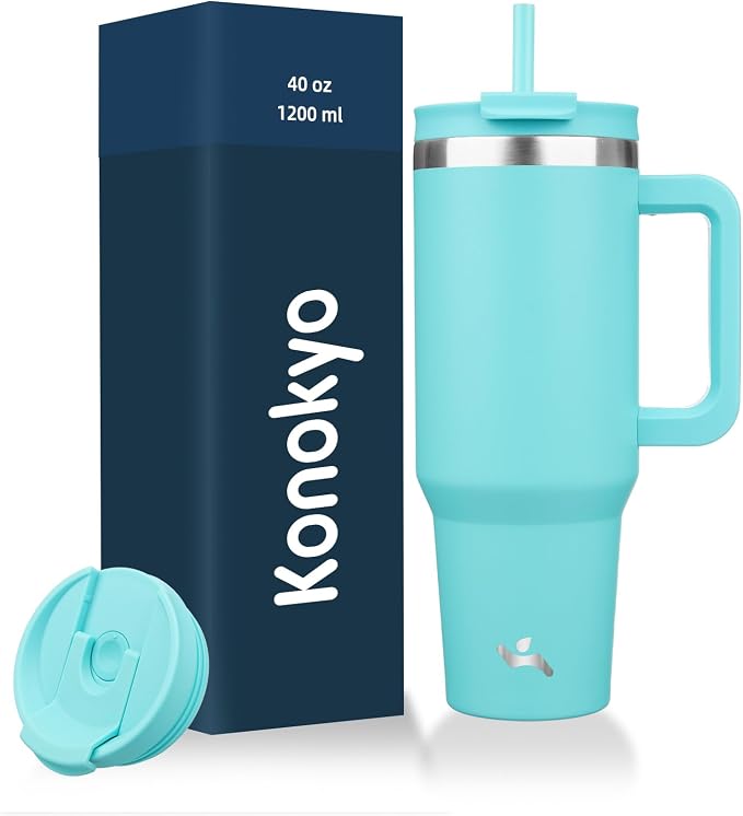 Konokyo 40 oz Insulated Tumbler Water Bottle with Handle, Straw Lid | BPA-free and dishwasher safe; made for gym, travel, coffee and gifting, 2 straws, cup holder friendly,Turquoise
