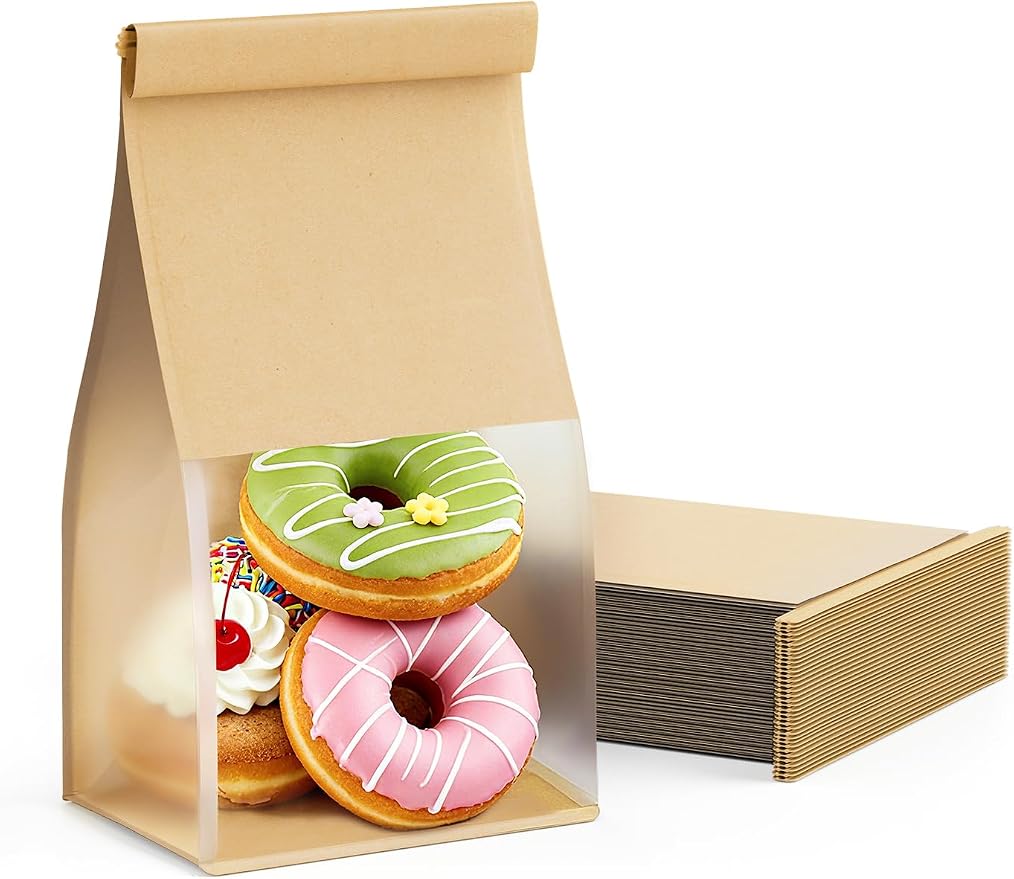 FireKylin Bread Cookie Bags with Window & Tin Tie,3.9x3.1x8.2 (50,Small) | Food Safe Brown Paper, Clear Window, Reusable Tin Tie, for Homemade Bread, Cookies, Muffins, Pastry, Candy, Party Favor