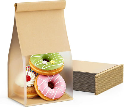 FireKylin Bread Cookie Bags with Window & Tin Tie,3.9x3.1x8.2 (50,Small) | Food Safe Brown Paper, Clear Window, Reusable Tin Tie, for Homemade Bread, Cookies, Muffins, Pastry, Candy, Party Favor