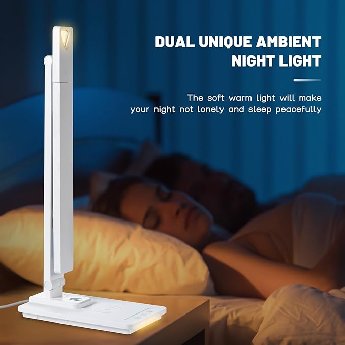 Led Desk Lamp with Wireless Charger, White Desk Lamps for Home Office with Clock, Alarm, Date, Temperature | Desk Light with Night Light, 46 Min Auto Timer | Touch Control Smart Lamp for College, Dorm