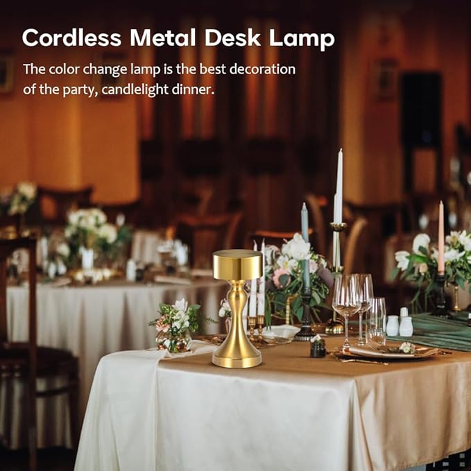 Portable Metal Desk Lamp, Cordless Metal LED Table Lamp,3 Color Touch Control Rechargeable Lamp,3-Levels Brightness Room Decor Desk Lamp,Bedside Lamp,Dining Room Lamp (Gold)