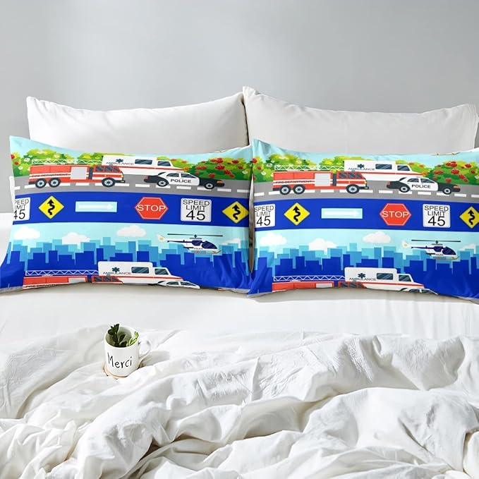 Kids Fire Trucks Car Comforter Set King Size Cartoon Police Car Down Comforter Airplane Ambulance Rescue Vehicles Beding Set Boys Girls Car Room Decor Soft Lightweight Duvet Set, Colorful Comforter