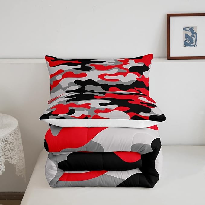 Queen Size Camouflage Comforter Set 3Pcs Kids Bedding Set for Boys Girls Teens 1 Comforter & 2 Pillowcases(Queen,Red Black) Boys