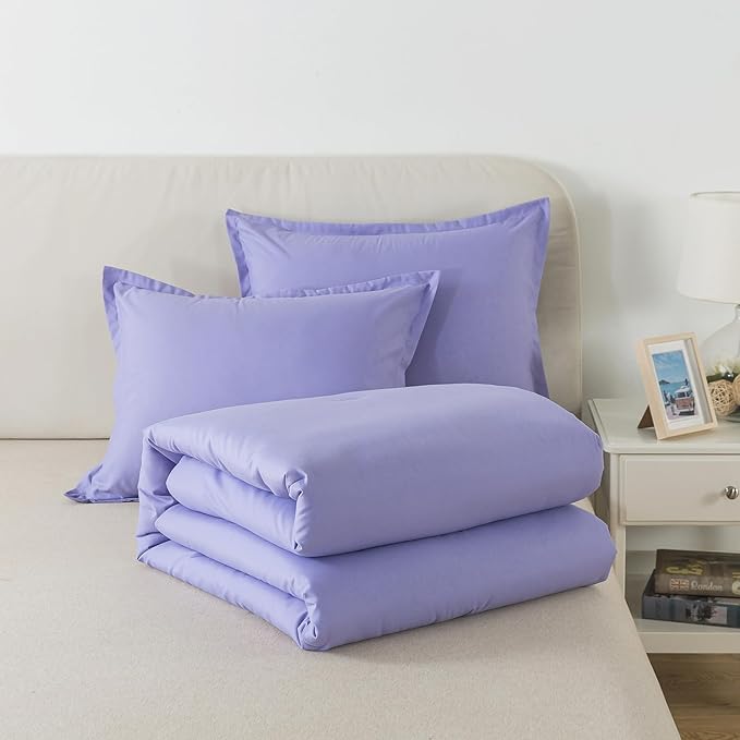 Full Size Lavender Purple Comforter Set, Solid Down Alternative Soft Boho Bedding Comforter Set, Breathable Fluffy Skin-Friendly Comforter for All Seasons with Pillowcases