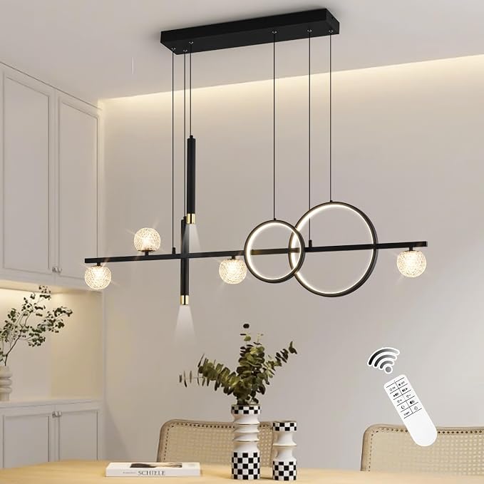 ORANOOR Modern LED Pendant Lights, Dimmable 47inch Linear LED Chandelier | Upgraded Black & Gold Dining Room Hanging Light Fixtures Kitchen Island Globe Pendant Lighting for Dining Table (4200lm)