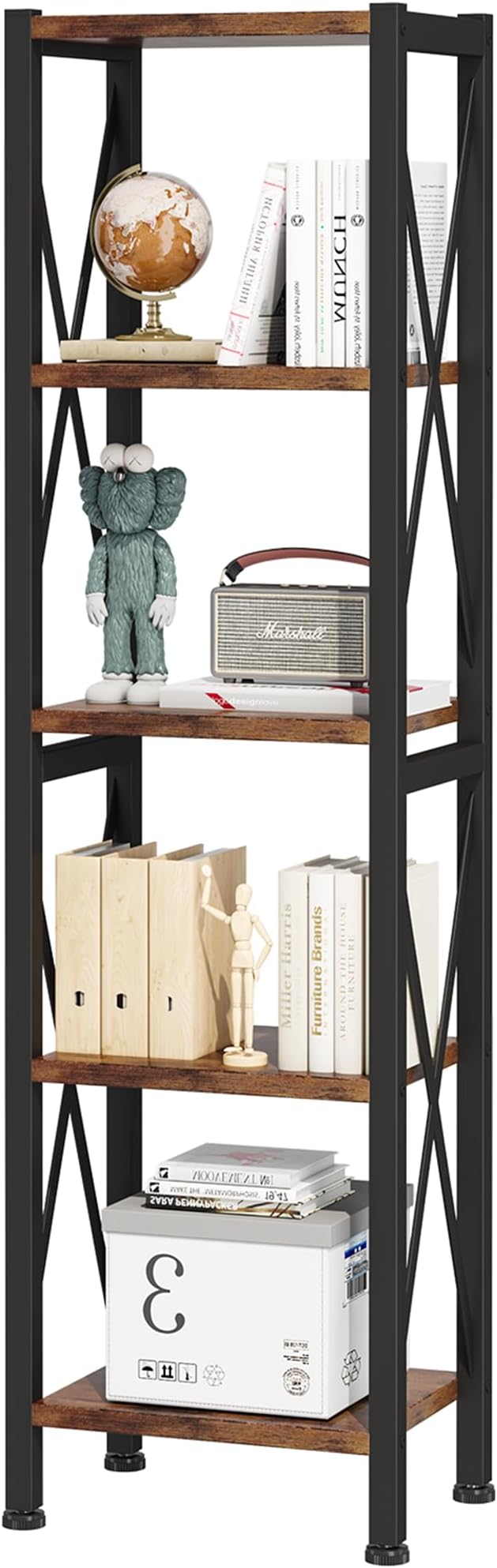 5-Tier Narrow Bookshelf, Ladder Bookshelf, Tall Bookshelf for Bedroom with Open Shelves, Office Bookshelf, Industrial Standing Bookshelf for Bedroom, Living Room and Home Office