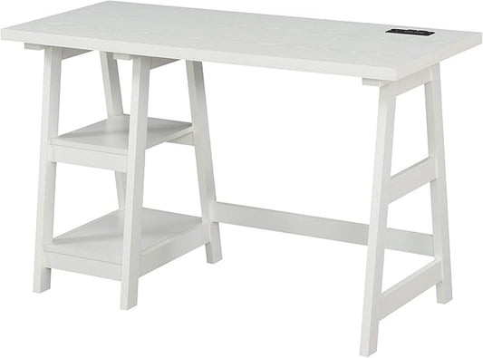 Convenience Concepts Designs2Go Trestle Desk with Charging Station and Shelves, White
