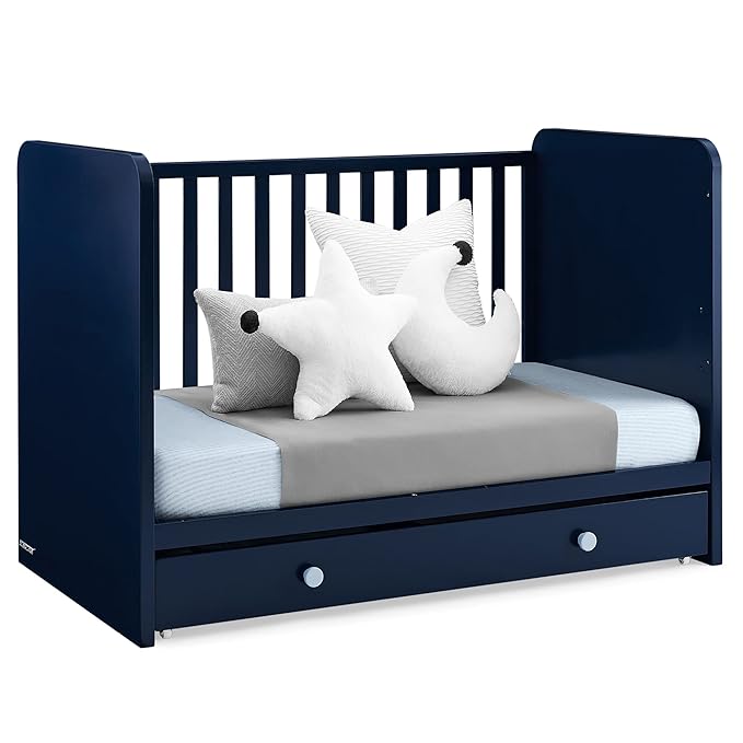 Delta Children babyGap Graham 4-in-1 Convertible Crib with Storage Drawer + Brannan Bear Bookcase with Bins + Brannan Bear Wall Shelf with 4 Hooks, Navy/Light Blue (Bundle)