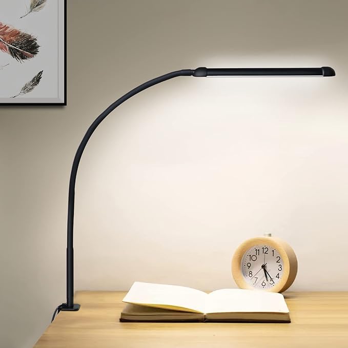LED Desk Lamp with Clamp, Clamp Light with Adjustable Color Modes,Clip on Light with Long Flexible Gooseneck, Eye-Care Lamp Clamp for Study, Work, Home, Office, (Black, 12W)