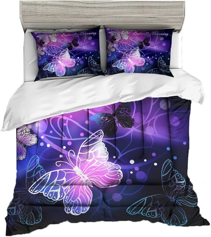 Sunnycitron 3D Purple Butterfly Bedding Twin Comforter Set Dreamy Butterfly Comforter Set for Girls and Women, Soft, Breathable, Fade Resistant 3 Piece- includes 1 Comforter and 2 Pillowcase