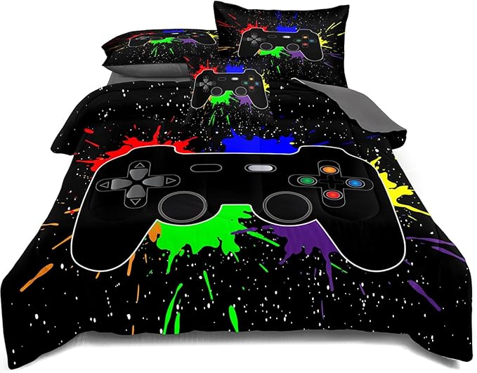 Kids Gaming Bedding Sets, 6 Piece Gamer Comforter Sets for Teens Boys Full Size for Bedroom Comforter Set Adult 3D Gamepad Microfiber Bedding Sets Fits All Season