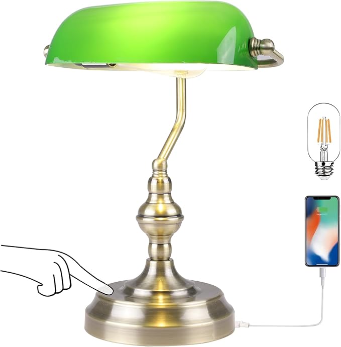 Green Glass Bankers Desk Lamp,Vintage Desk Lamp Touch Control, 3 Way Dimmable Table Lamp with USB Charging Port, Mid Century Banker's Desk Lamp for Home Office Library Antique Brass