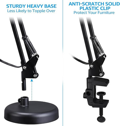 TORCHSTAR Metal Desk Lamp with Clamp, Swing Arm , Architect Adjustable Gooseneck Table Lamp, Clip Desk Lights for Home Office, Work, Study, Reading, E26 Base, Multi-Joint, Black