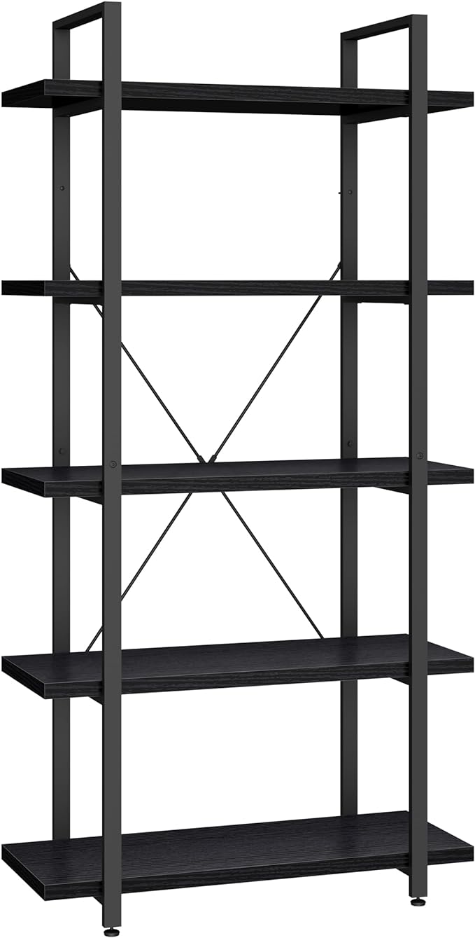 Panana 5 Tier Industrial Rustic Wooden Bookshelves, Vintage Open Wood and Metal Farmhouse Bookshelf Heavy Duty Storage Shelving Unit Rack (Black)