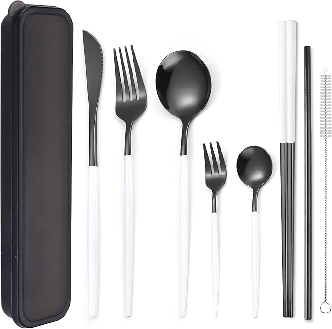 AARainbow 8 Pieces Stainless Steel Flatware Set Portable Reusable Cutlery Set Travel Utensils Set Including Chopsticks Knife Fork Spoon Straws Cleaning Brush Dishwasher Safe (White black)