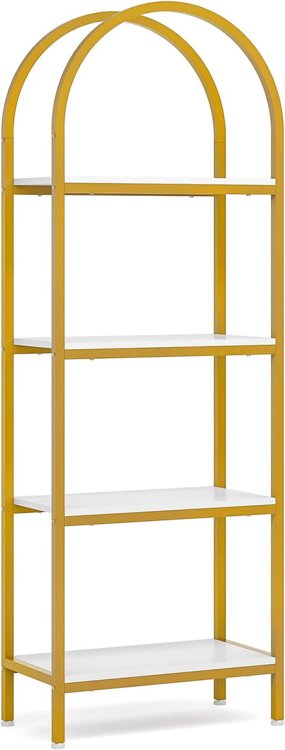 Tribesigns 4-Tier Open Bookshelf, 70.8" Modern Wood Bookcase Storage Shelves with Metal Frame, Freestanding Display Rack Tall Shelving Unit for Office, Bedroom, Living Room (White & Gold, 1PC)