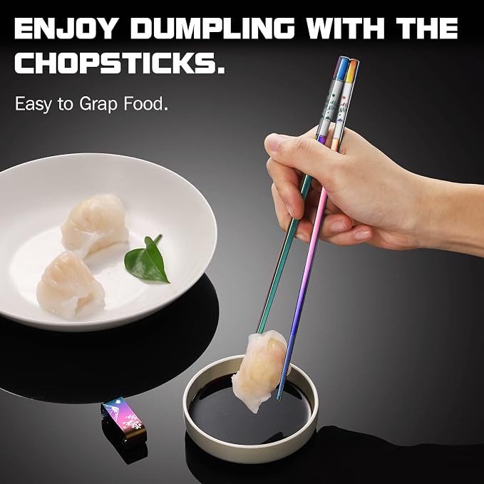 Metal Chopsticks Reusable 2 Pairs Titanium Plated 18/8 Stainless Steel Chopsticks with Holder, Dishwasher Safe Non-Slip Japanese Style Laser Engraved Chop Sticks Gift Set (Rainbow)