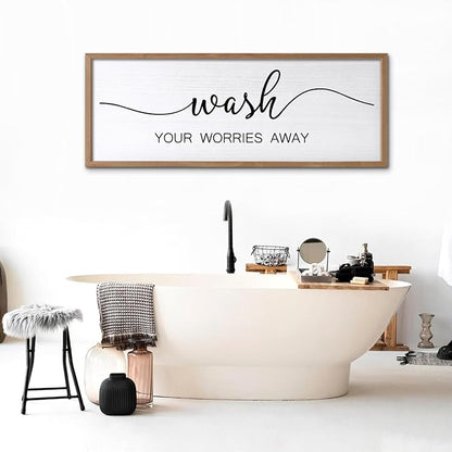 Wash Your Worries Away Wall Art Sign 32"×12" Laundry Room Large Wood Framed Restroom Toilet Wall Decor Hanging (Wood)