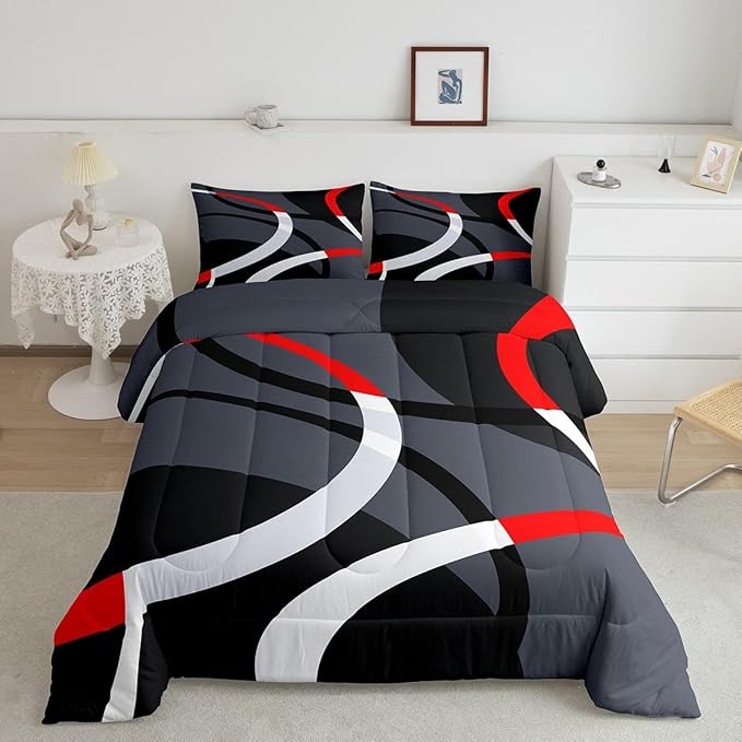 Geometric Circle Comforter Set Red Grey and Black Comforter for Kids Boys Girls Teens Geometry Bedding Set Breathable Abstract Art Duvet Set Modern Luxury Room Decor Quilt Set Full Size