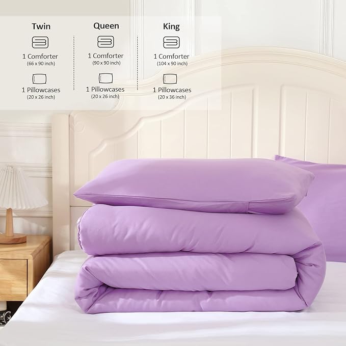 Lavender Purple Comforter King Size, Modern Bedding Set for Girls/Women, Cute Soft & Lightweight Chic Microfiber Bed Sets, 3 pcs-1 Comforter & 2 Pillowcases (104"x90")