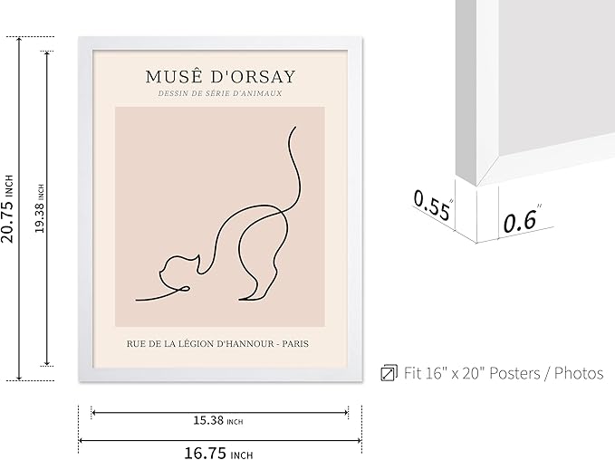 Poster Master Vintage Poster - Retro One Line Cat Drawing Print - Cat Art - Minimal Gift for Men, Women, Animal Lover - Abstract Wall Decor for Home, Office, Bedroom, 16x20 White Framed