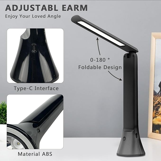 Rechargeable Desk Lamp with Flashlight Function, Battery Powered Desk Lamps for Home Office, Portable Foldable LED Desk Lamps, Cordless Desk Lamps, Small Lamps for Small Spaces, Black