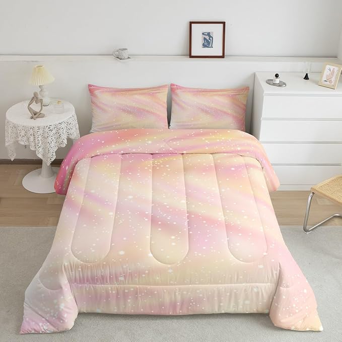 Glitter Galaxy Bedding Comforter Sets for Kids Teenagers, Pastel Galaxy Space Bedding Rainbow Tie Dye Comforter Set for Boys Girls, Starry Sky Gradient Down Comforter with 2 Pillowcases, Queen