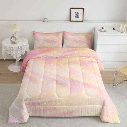 Glitter Galaxy Bedding Comforter Sets for Kids Teenagers, Pastel Galaxy Space Bedding Rainbow Tie Dye Comforter Set for Boys Girls, Starry Sky Gradient Down Comforter with 2 Pillowcases, Queen