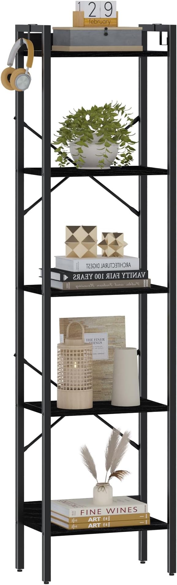 Bookshelf, Book Shelf, Industrial Bookcase with 2 Hooks, Coner Shelf Storage Organizer for Home Office, Living Room, Bedroom, Kitchen, 5-Tier Black BC10504B