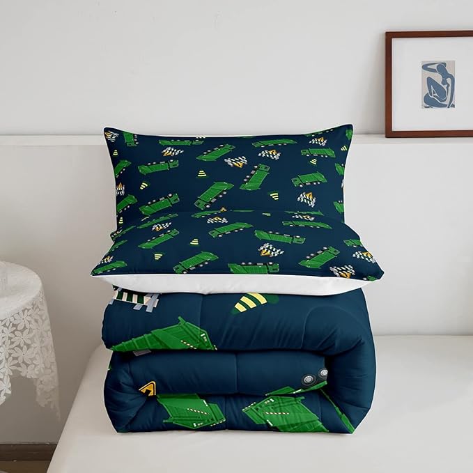 Feelyou Garbage Truck Toy Print Warm Comforter Setfor Kids Boys, Green Garbage Truck Bedding Set Cartoon Equipment Comforter Navy Blue Decor All Season Quilt Room 3Pcs Queen Size Boys