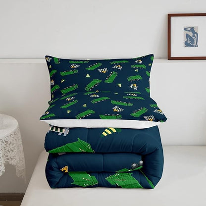 Feelyou Garbage Truck Toy Print Warm Comforter Setfor Kids Boys, Green Garbage Truck Bedding Set Cartoon Equipment Comforter Navy Blue Decor All Season Quilt Room 3Pcs Queen Size Boys