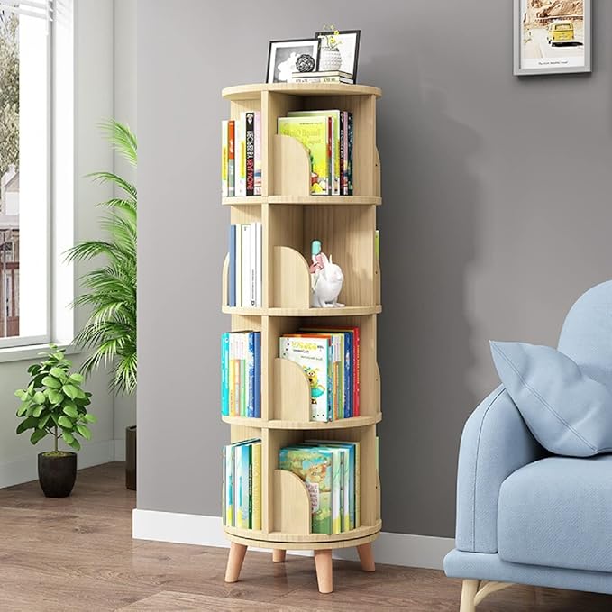 Gdrasuya10 4 Tier Rotating Bookshelf with Legs, Floor Standing Bookshelf Stackable Bookshelf Wood Bookcase Storage 360 Display Book Shelf for Living Room Bedroom