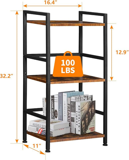ELYKEN Small Bookshelf, 3-Tier Bookcase with Metal Frame, Vintage Display Book Shelf, Freestanding Open Organizer Shelves for Office Study Living Room, Bedroom, Rustic Brown
