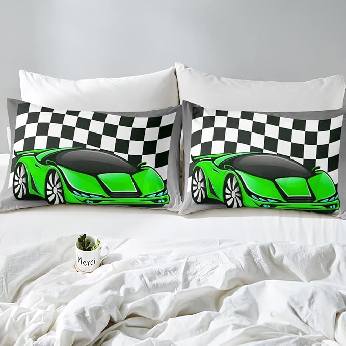 Racing Car Comforter Set, Cool Speed Race Car Down Comforter Queen for Kids Boys Girls Teens Bedroom, Automobile Extreme Sport Bedding Set Plaid Checkered Duvet Sets with 2 Pillowcases, Grey Green