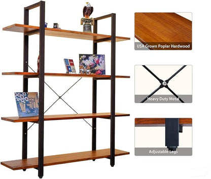 CONSDAN Industrial Bookshelf, USA Grown Hardwood, Real Wood Bookshelves, Modern Open Rustic Bookcase, Storage Shelf, Display Shelf, Poplar Solid Wood-4 Tier Shelf