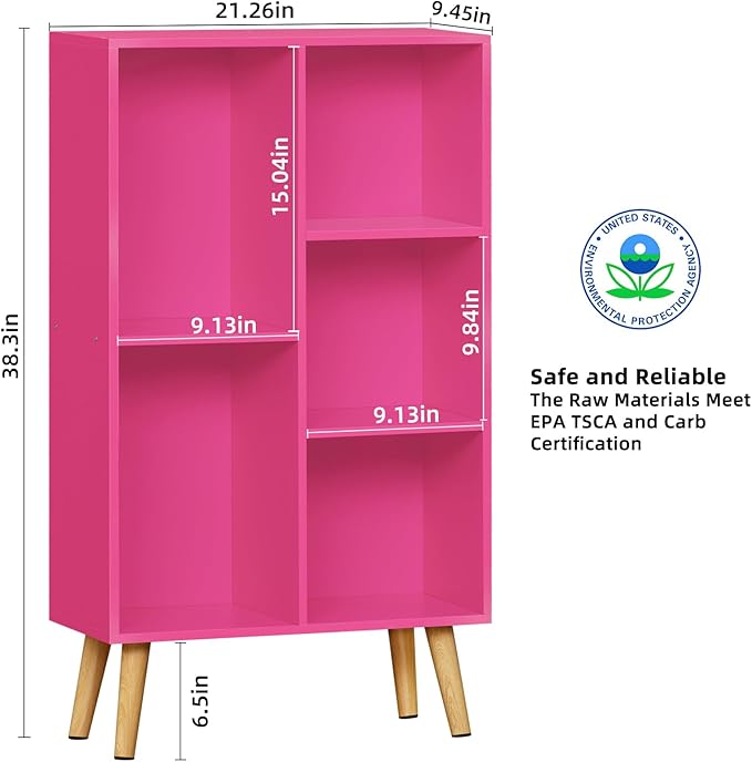 LEYAOYAO 5 Cube Bookshelf, 3-Tier Bookcase with Legs, Pink Kids Book Shelf Cute Storage Organizer, Free standing Open Toy Shelves Modern Bookshelves,Wood Display Bookcases for Bedroom,Living Room
