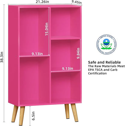 LEYAOYAO 5 Cube Bookshelf, 3-Tier Bookcase with Legs, Pink Kids Book Shelf Cute Storage Organizer, Free standing Open Toy Shelves Modern Bookshelves,Wood Display Bookcases for Bedroom,Living Room