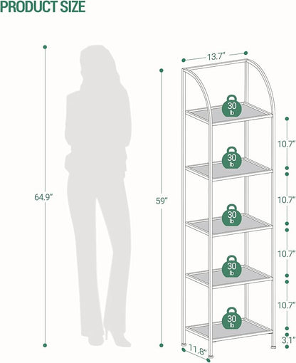 Bookcase Bookshelf, Tempered Glass Arched Bookshelf for More Storage, Slim Shelving Unit for Bedroom, Bathroom, Home Office, Steel Frame, 5 Tier Gold BC20599G