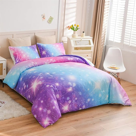Holawakaka Kids Space Star Glitter Comforter Set Ombre Pink & Blue Print Gradient Bedding Set Twin Size (Pink Lavender, Twin)