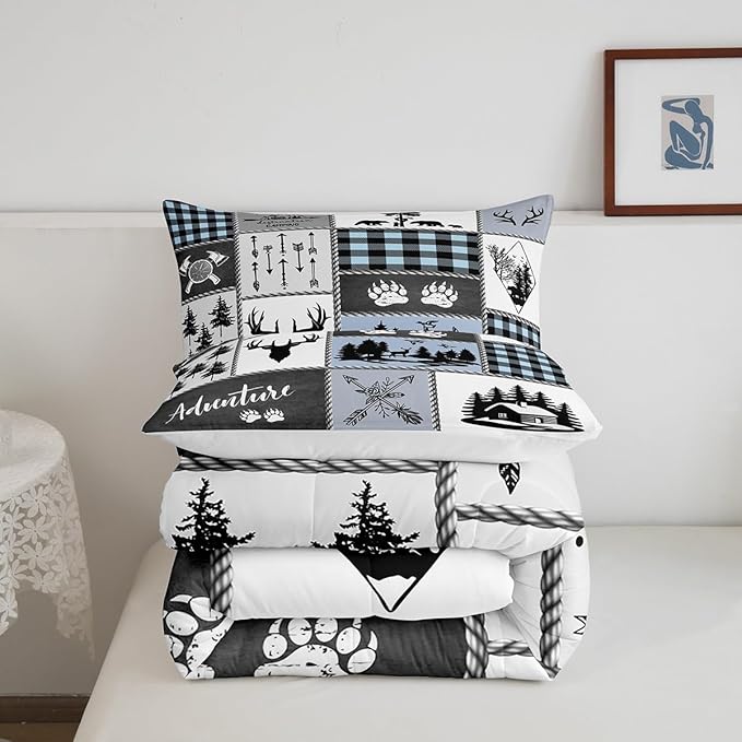Deer Bear Kids Comforter Set Queen Size,Hunting Adventure Rustic Farmhouse Bedding Set for Boys Girls Adults Room Decor,Geometric Plaid Patchwork Down Comforter,Blue Xmas Duvet Insert,2 Pillowcases