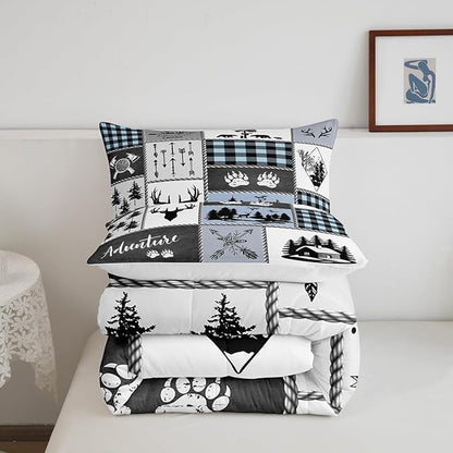 Deer Bear Kids Comforter Set Queen Size,Hunting Adventure Rustic Farmhouse Bedding Set for Boys Girls Adults Room Decor,Geometric Plaid Patchwork Down Comforter,Blue Xmas Duvet Insert,2 Pillowcases