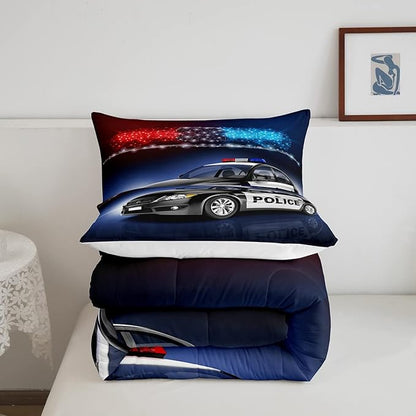 Erosebridal Police Car Comforter Sets Full Size,Policeman Vehicle Bedding Set for Kids Boys Children,Red Blue Cop Lights Down Comforter Geometric Graphics Duvet Sets Bedroom Decor with 2 Pillow Cases