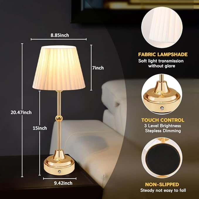 Cordless Metal Table Lamp,Touch Sensor Control Portable LED Table Lamp,3-Levels Brightness Rechargeable Bedside Lamp,Night Light for Kids Nursery,Dining Room Lamp (Gold)