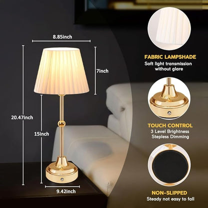 Cordless Metal Table Lamp,Touch Sensor Control Portable LED Table Lamp,3-Levels Brightness Rechargeable Bedside Lamp,Night Light for Kids Nursery,Dining Room Lamp (Gold)