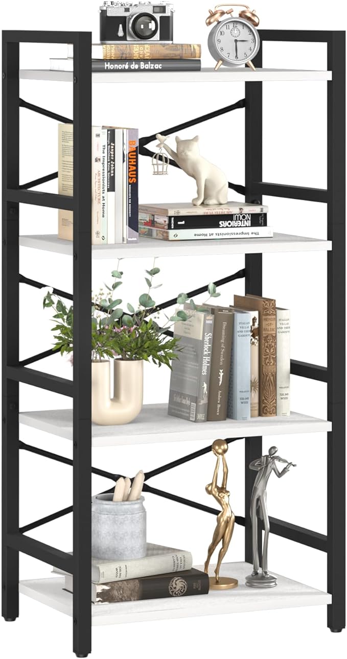 Yoobure 4 Tier Bookshelf - Small Book Shelf Industrial Bookcase, Narrow Book Case Book Storage Organizer for CD/Movie/Book, Bookshelves for Bedroom Office Living Room White