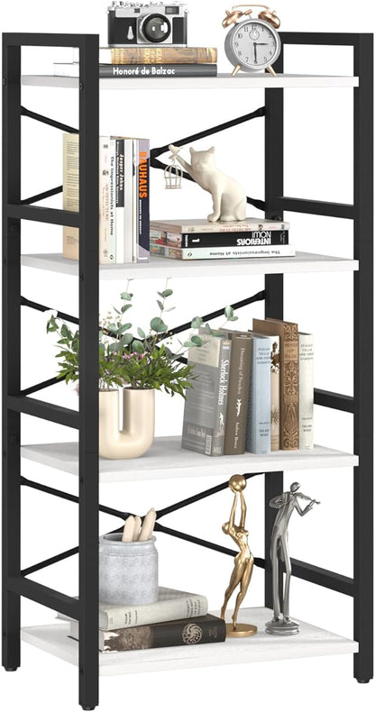 Yoobure 4 Tier Bookshelf - Small Book Shelf Industrial Bookcase, Narrow Book Case Book Storage Organizer for CD/Movie/Book, Bookshelves for Bedroom Office Living Room White