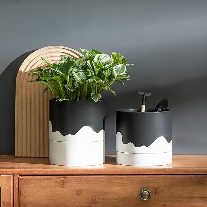 Nihow Ceramic Plant Pot: 6 Inch Planter with Drainage Hole & Saucer for Indoor & Outdoor Plants - Cylinder Round Flower Pot for Succulent/Herbs/Violets - Black & Wave White
